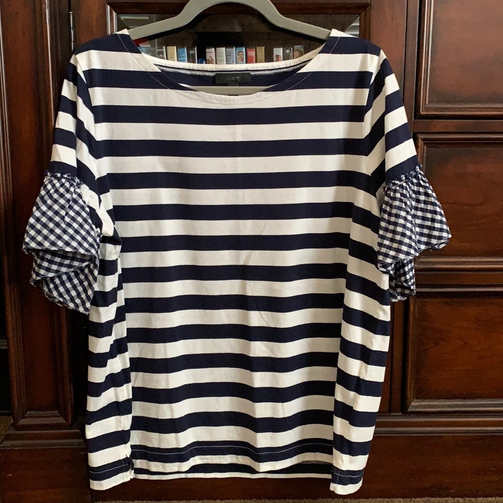J.Crew striped top, tiny ruffled check sleeves